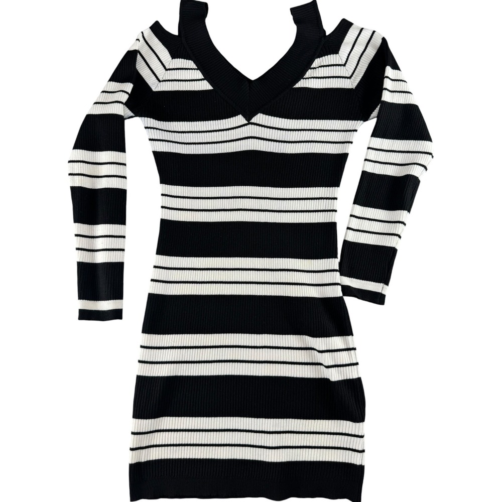 Special One Black White Striped‎ Cold Shoulder Ribbed Knit Bodycon Dress XL